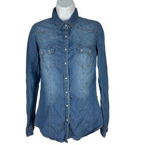 Forever 21 Womens Denim Button Up Shirt Long Sleeve Western Style Small Blue
